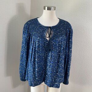 Lucky Brand Womens Medium Blue Bohemian Long Sleeve Blouse Tassel Tie Neck Top